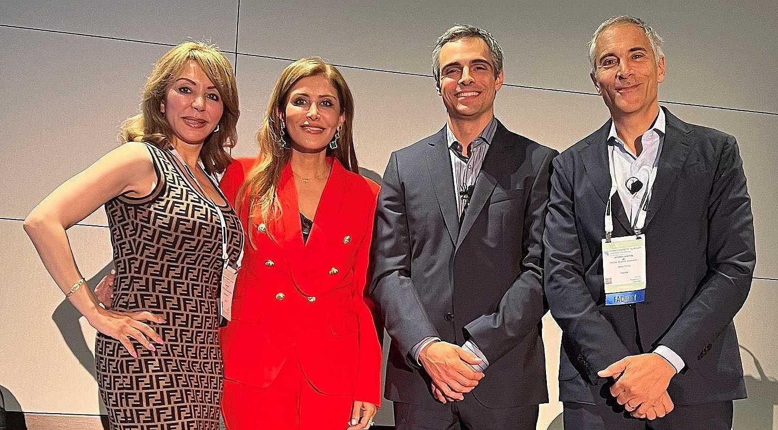 Dr. Jeffrey Epstein, Miami board-certified facial plastic surgeon (right), moderates a panel on hair loss management at the Miami Cosmetic Surgery meeting in Miami Beach, joined by Dr. Azza Halim, Dr. Elizabeth Houshmand, and Dr. Tony Bared.