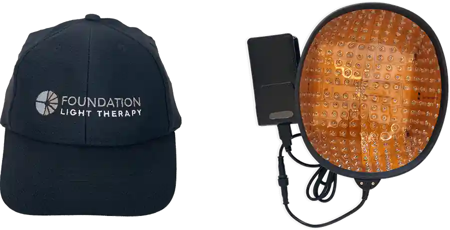 Foundation Light Therapy laser cap and laser panel used for hair restoration treatment.