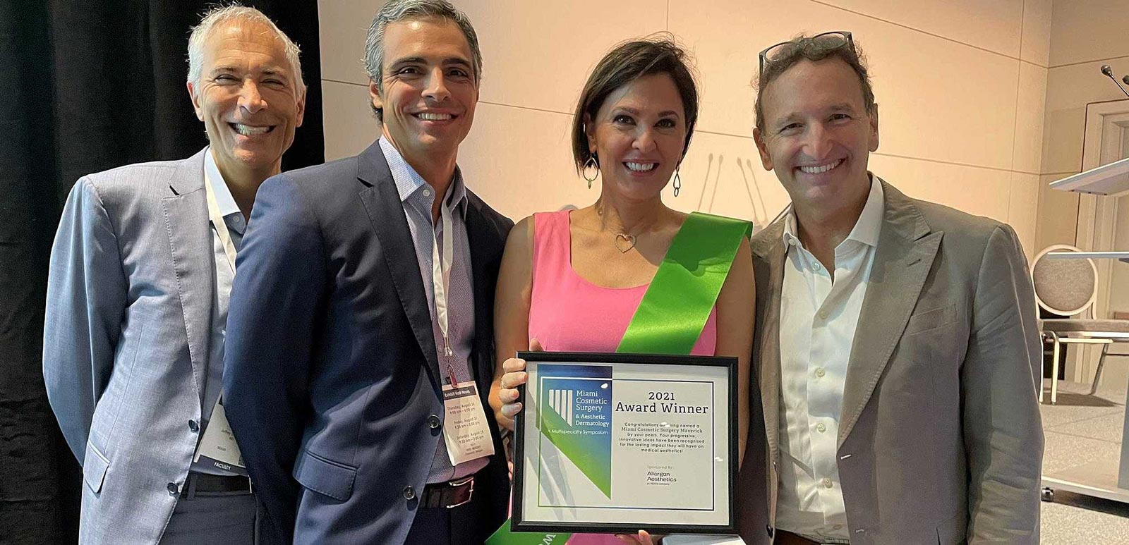 Dr. Jeffrey Epstein, Miami board-certified facial plastic surgeon, poses with Dr. Tony Bared, Dr. Doris Day, and Dr. Steve Dayan at the Miami Cosmetic Surgery annual meeting following a session on aesthetic hair restoration.