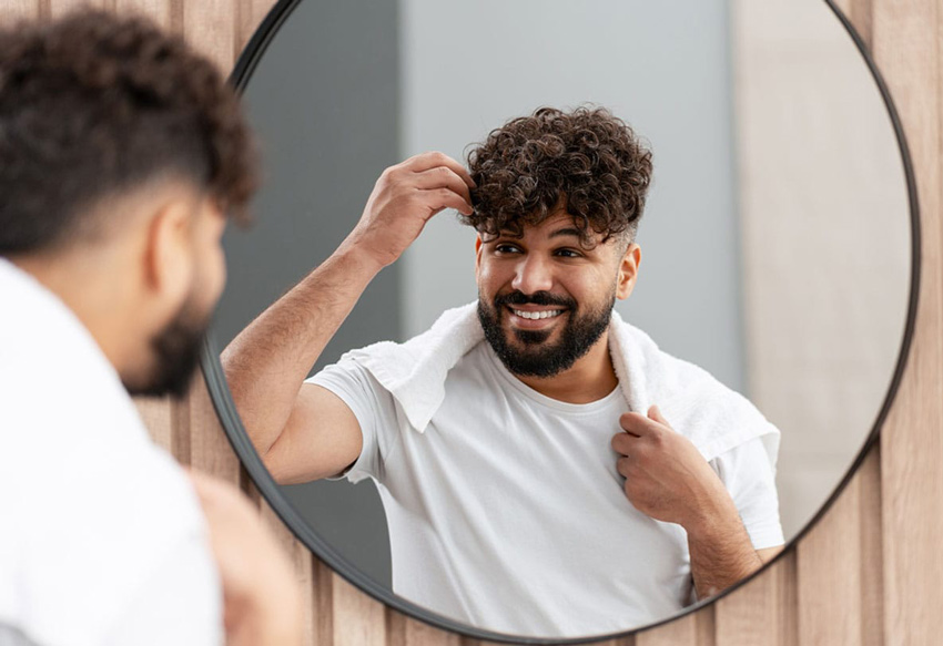 man smiling and looking in the mirror after his artas robotic hair transplant in Miami, FL