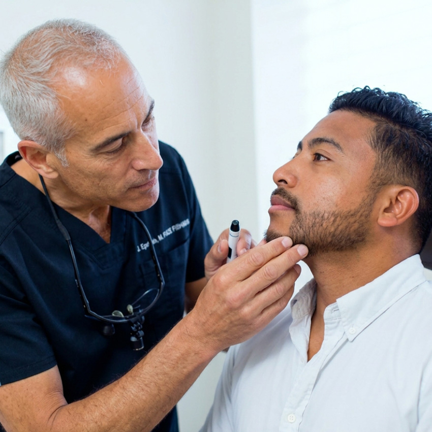Dr. Jeffrey Epstein, Miami board-certified facial plastic surgeon, examining a patient's jawline during a consultation.